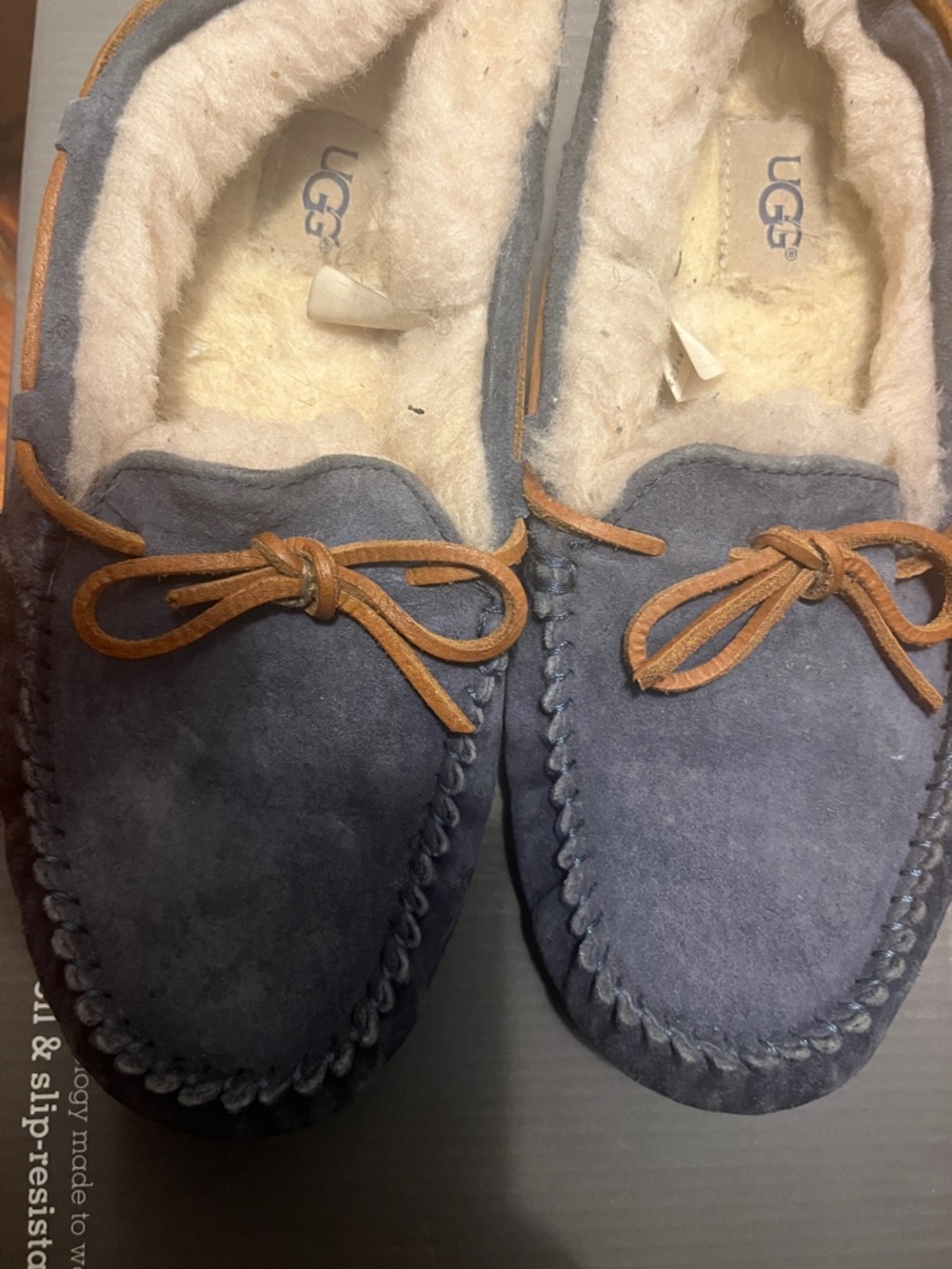 UGG Navy Suede Shearling-Lined Moccasin Slippers